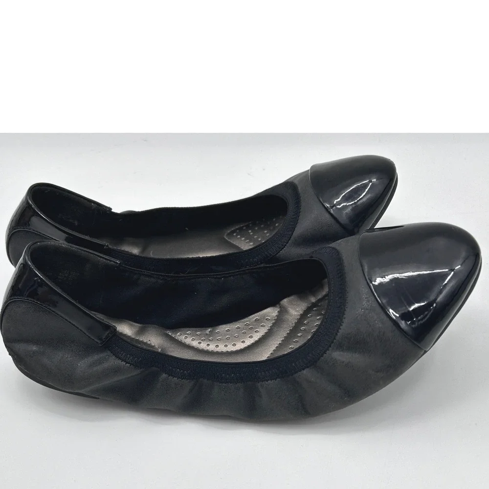 Dexflex Comfort Womens Black Cap Toe Ballet Flats Elasticized Slip On Size 10W